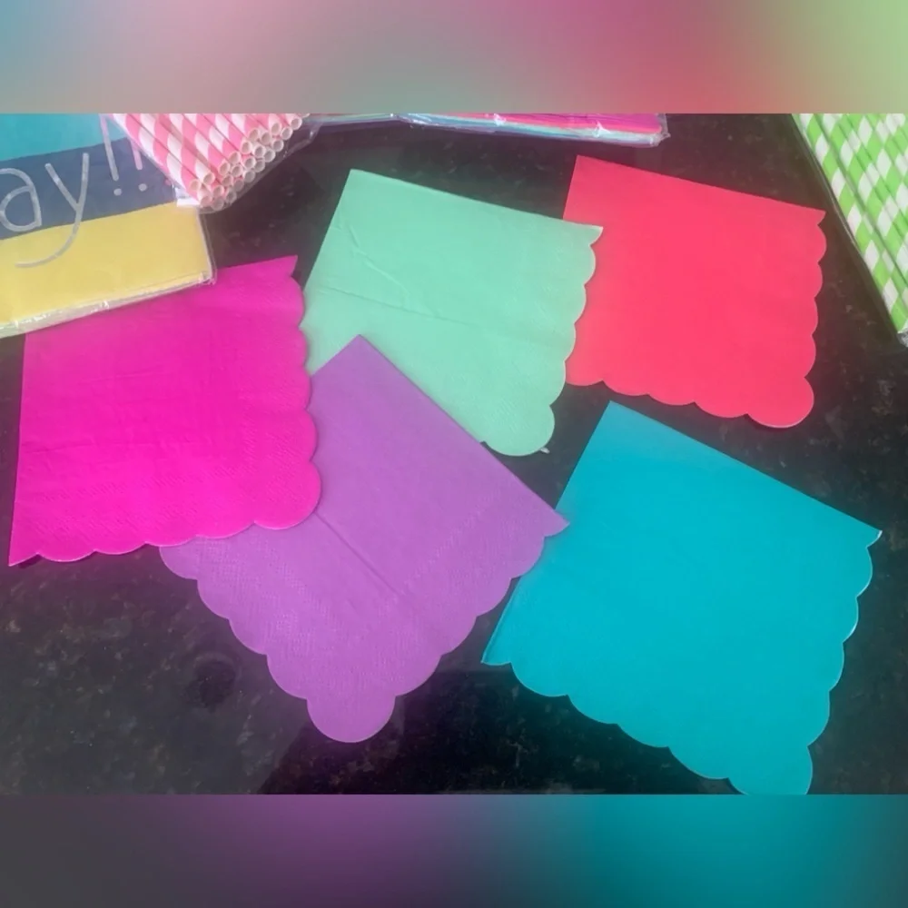 Party Drink Napkins & Striped Pink & Green Straws, cute bright colors, NWT,